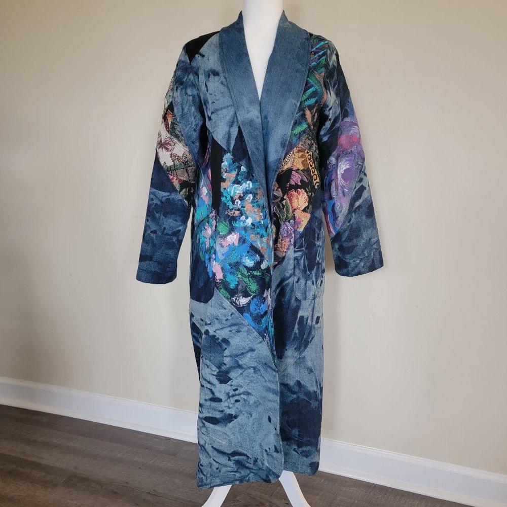 Vintage Handmade Hand-painted Custom Patchwork Bohemian Trench Denim Jacket M/L